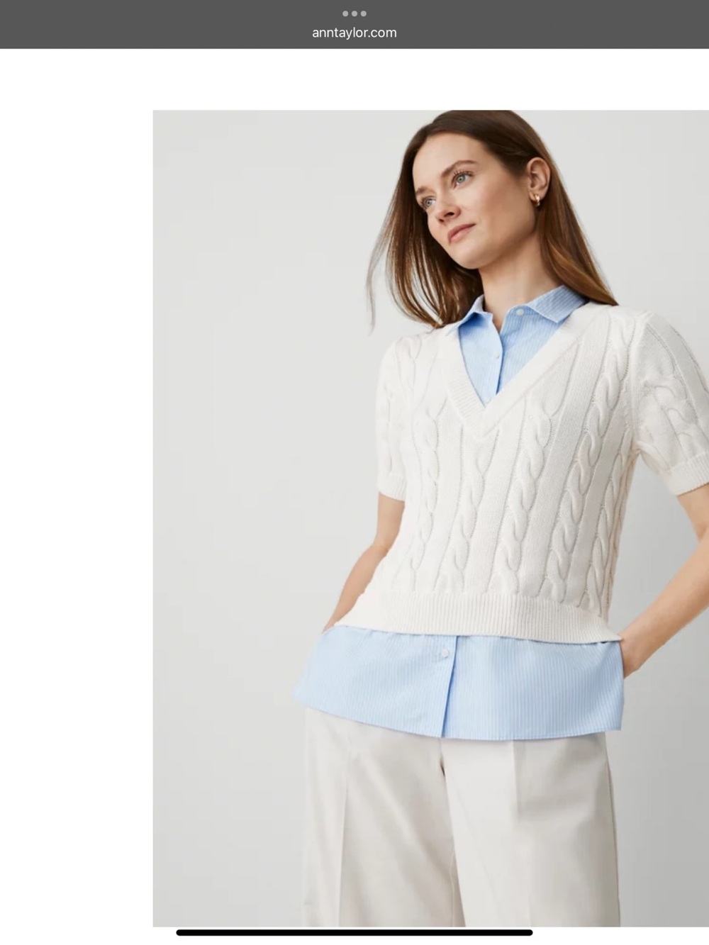 Ann Taylor Cream Cable-Knit V-Neck Sweater Vest with Light Blue Shirt Layering